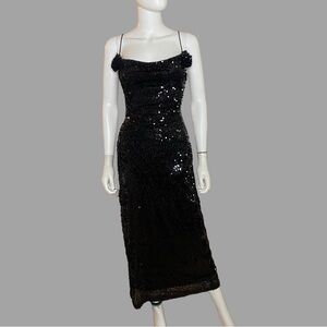 Elegant Black Rosette Sequin Maxi‎ Dress